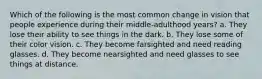 Which of the following is the most common change in vision that people experience during their middle-adulthood years?​ a. ​They lose their ability to see things in the dark. b. ​They lose some of their color vision. c. ​They become farsighted and need reading glasses. d. ​They become nearsighted and need glasses to see things at distance.