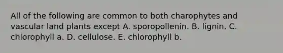 All of the following are common to both charophytes and vascular land plants except A. sporopollenin. B. lignin. C. chlorophyll a. D. cellulose. E. chlorophyll b.