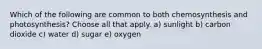 Which of the following are common to both chemosynthesis and photosynthesis? Choose all that apply. a) sunlight b) carbon dioxide c) water d) sugar e) oxygen