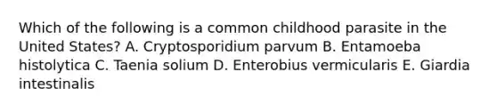 Which of the following is a common childhood parasite in the United States? A. Cryptosporidium parvum B. Entamoeba histolytica C. Taenia solium D. Enterobius vermicularis E. Giardia intestinalis