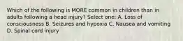 Which of the following is MORE common in children than in adults following a head injury? Select one: A. Loss of consciousness B. Seizures and hypoxia C. Nausea and vomiting D. Spinal cord injury