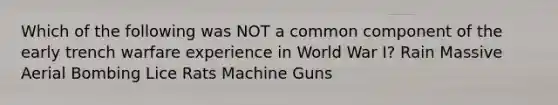 Which of the following was NOT a common component of the early trench warfare experience in World War I? Rain Massive Aerial Bombing Lice Rats Machine Guns