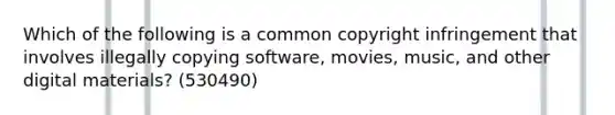 Which of the following is a common copyright infringement that involves illegally copying software, movies, music, and other digital materials? (530490)