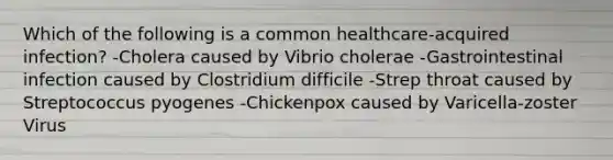 Which of the following is a common healthcare-acquired infection? -Cholera caused by Vibrio cholerae -Gastrointestinal infection caused by Clostridium difficile -Strep throat caused by Streptococcus pyogenes -Chickenpox caused by Varicella-zoster Virus