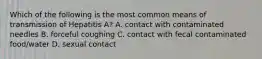 Which of the following is the most common means of transmission of Hepatitis A? A. contact with contaminated needles B. forceful coughing C. contact with fecal contaminated food/water D. sexual contact