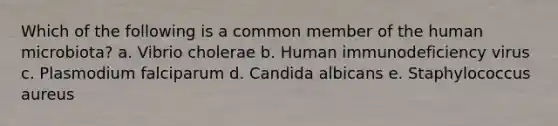 Which of the following is a common member of the human microbiota? a. Vibrio cholerae b. Human immunodeficiency virus c. Plasmodium falciparum d. Candida albicans e. Staphylococcus aureus