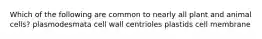 Which of the following are common to nearly all plant and animal cells? plasmodesmata cell wall centrioles plastids cell membrane