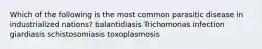 Which of the following is the most common parasitic disease in industrialized nations? balantidiasis Trichomonas infection giardiasis schistosomiasis toxoplasmosis