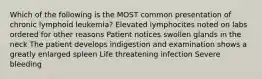 Which of the following is the MOST common presentation of chronic lymphoid leukemia? Elevated lymphocites noted on labs ordered for other reasons Patient notices swollen glands in the neck The patient develops indigestion and examination shows a greatly enlarged spleen Life threatening infection Severe bleeding