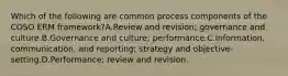 Which of the following are common process components of the COSO ERM framework?A.Review and revision; governance and culture.B.Governance and culture; performance.C.Information, communication, and reporting; strategy and objective-setting.D.Performance; review and revision.