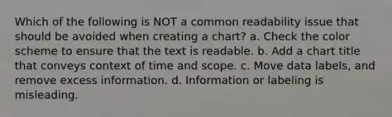 Which of the following is NOT a common readability issue that should be avoided when creating a chart? a. Check the color scheme to ensure that the text is readable. b. Add a chart title that conveys context of time and scope. c. Move data labels, and remove excess information. d. Information or labeling is misleading.