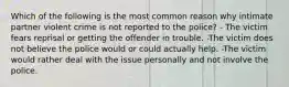 Which of the following is the most common reason why intimate partner violent crime is not reported to the police? - The victim fears reprisal or getting the offender in trouble. -The victim does not believe the police would or could actually help. -The victim would rather deal with the issue personally and not involve the police.