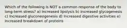 Which of the following is NOT a common response of the body to long-term stress? a) Increased lipolysis b) Increased glycogenesis c) Increased gluconeogenesis d) Increased digestive activities e) Increased breakdown of proteins