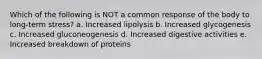 Which of the following is NOT a common response of the body to long-term stress? a. Increased lipolysis b. Increased glycogenesis c. Increased gluconeogenesis d. Increased digestive activities e. Increased breakdown of proteins