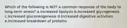 Which of the following is NOT a common response of the body to long-term stress? a.Increased lipolysis b.Increased glycogenesis c.Increased gluconeogenesis d.Increased digestive activities e.Increased breakdown of proteins