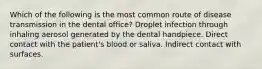 Which of the following is the most common route of disease transmission in the dental office? Droplet infection through inhaling aerosol generated by the dental handpiece. Direct contact with the patient's blood or saliva. Indirect contact with surfaces.