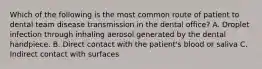 Which of the following is the most common route of patient to dental team disease transmission in the dental office? A. Droplet infection through inhaling aerosol generated by the dental handpiece. B. Direct contact with the patient's blood or saliva C. Indirect contact with surfaces