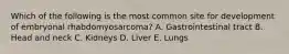 Which of the following is the most common site for development of embryonal rhabdomyosarcoma? A. Gastrointestinal tract B. Head and neck C. Kidneys D. Liver E. Lungs