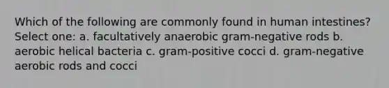 Which of the following are commonly found in human intestines? Select one: a. facultatively anaerobic gram-negative rods b. aerobic helical bacteria c. gram-positive cocci d. gram-negative aerobic rods and cocci