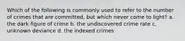 Which of the following is commonly used to refer to the number of crimes that are committed, but which never come to light? a. the dark figure of crime b. the undiscovered crime rate c. unknown deviance d. the indexed crimes