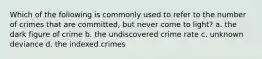 Which of the following is commonly used to refer to the number of crimes that are committed, but never come to light? a. the dark figure of crime b. the undiscovered crime rate c. unknown deviance d. the indexed crimes