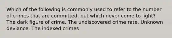 Which of the following is commonly used to refer to the number of crimes that are committed, but which never come to light? The dark figure of crime. The undiscovered crime rate. Unknown deviance. The indexed crimes