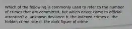 Which of the following is commonly used to refer to the number of crimes that are committed, but which never come to official attention? a. unknown deviance b. the indexed crimes c. the hidden crime rate d. the dark figure of crime