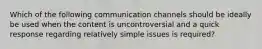 ​Which of the following communication channels should be ideally be used when the content is uncontroversial and a quick response regarding relatively simple issues is required?