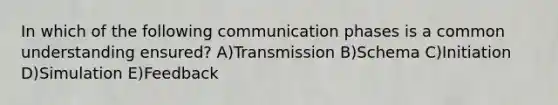 In which of the following communication phases is a common understanding ensured? A)Transmission B)Schema C)Initiation D)Simulation E)Feedback