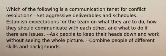 Which of the following is a communication tenet for conflict resolution? --Set aggressive deliverables and schedules. --Establish expectations for the team on what they are to do, how they should communicate with each other, and what to do if there are issues. --Ask people to keep their heads down and work without seeing the whole picture. --Combine people of different skills and backgrounds.