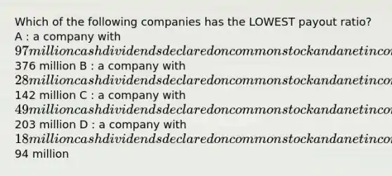 Which of the following companies has the LOWEST payout ratio? A : a company with 97 million cash dividends declared on common stock and a net income of376 million B : a company with 28 million cash dividends declared on common stock and a net income of142 million C : a company with 49 million cash dividends declared on common stock and a net income of203 million D : a company with 18 million cash dividends declared on common stock and a net income of94 million