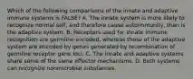 Which of the following comparisons of the innate and adaptive immune systems is FALSE? A. The innate system is more likely to recognize normal self, and therefore cause autoimmunity, than is the adaptive system. B. Receptors used for innate immune recognition are germline encoded, whereas those of the adaptive system are encoded by genes generated by recombination of germline receptor gene loci. C. The innate and adaptive systems share some of the same effector mechanisms. D. Both systems can recognize nonmicrobial substances.