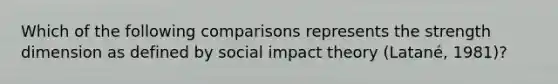 Which of the following comparisons represents the strength dimension as defined by social impact theory (Latané, 1981)?