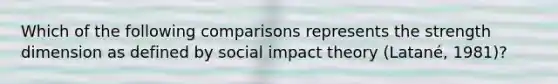 Which of the following comparisons represents the strength dimension as defined by social impact theory (Latané, 1981)?