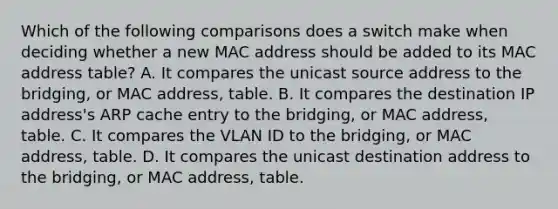 Which of the following comparisons does a switch make when deciding whether a new MAC address should be added to its MAC address table? A. It compares the unicast source address to the bridging, or MAC address, table. B. It compares the destination IP address's ARP cache entry to the bridging, or MAC address, table. C. It compares the VLAN ID to the bridging, or MAC address, table. D. It compares the unicast destination address to the bridging, or MAC address, table.