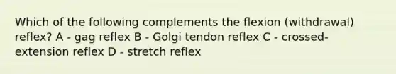 Which of the following complements the flexion (withdrawal) reflex? A - gag reflex B - Golgi tendon reflex C - crossed-extension reflex D - stretch reflex