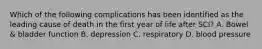 Which of the following complications has been identified as the leading cause of death in the first year of life after SCI? A. Bowel & bladder function B. depression C. respiratory D. blood pressure