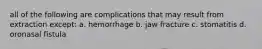 all of the following are complications that may result from extraction except: a. hemorrhage b. jaw fracture c. stomatitis d. oronasal fistula