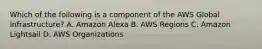 Which of the following is a component of the AWS Global Infrastructure? A. Amazon Alexa B. AWS Regions C. Amazon Lightsail D. AWS Organizations