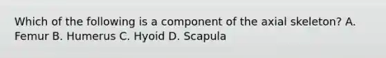 Which of the following is a component of the axial skeleton? A. Femur B. Humerus C. Hyoid D. Scapula