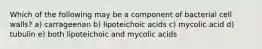 Which of the following may be a component of bacterial cell walls? a) carrageenan b) lipoteichoic acids c) mycolic acid d) tubulin e) both lipoteichoic and mycolic acids