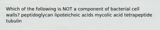 Which of the following is NOT a component of bacterial cell walls? peptidoglycan lipoteichoic acids mycolic acid tetrapeptide tubulin