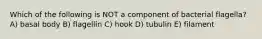 Which of the following is NOT a component of bacterial flagella? A) basal body B) flagellin C) hook D) tubulin E) filament