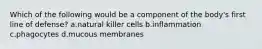 Which of the following would be a component of the body's first line of defense? a.natural killer cells b.inflammation c.phagocytes d.mucous membranes