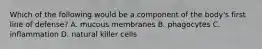 Which of the following would be a component of the body's first line of defense? A. mucous membranes B. phagocytes C. inflammation D. natural killer cells