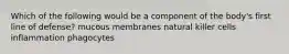 Which of the following would be a component of the body's first line of defense? mucous membranes natural killer cells inflammation phagocytes