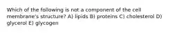 Which of the following is not a component of the cell membrane's structure? A) lipids B) proteins C) cholesterol D) glycerol E) glycogen