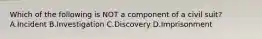 Which of the following is NOT a component of a civil​ suit? A.Incident B.Investigation C.Discovery D.Imprisonment