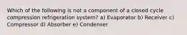 Which of the following is not a component of a closed cycle compression refrigeration system? a) Evaporator b) Receiver c) Compressor d) Absorber e) Condenser