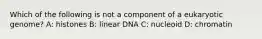 Which of the following is not a component of a eukaryotic genome? A: histones B: linear DNA C: nucleoid D: chromatin